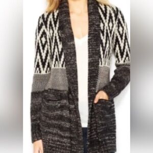 Lucky Brand Womens Wool Blend Black Gray White Long Cardigan Sweater Warm Boho M